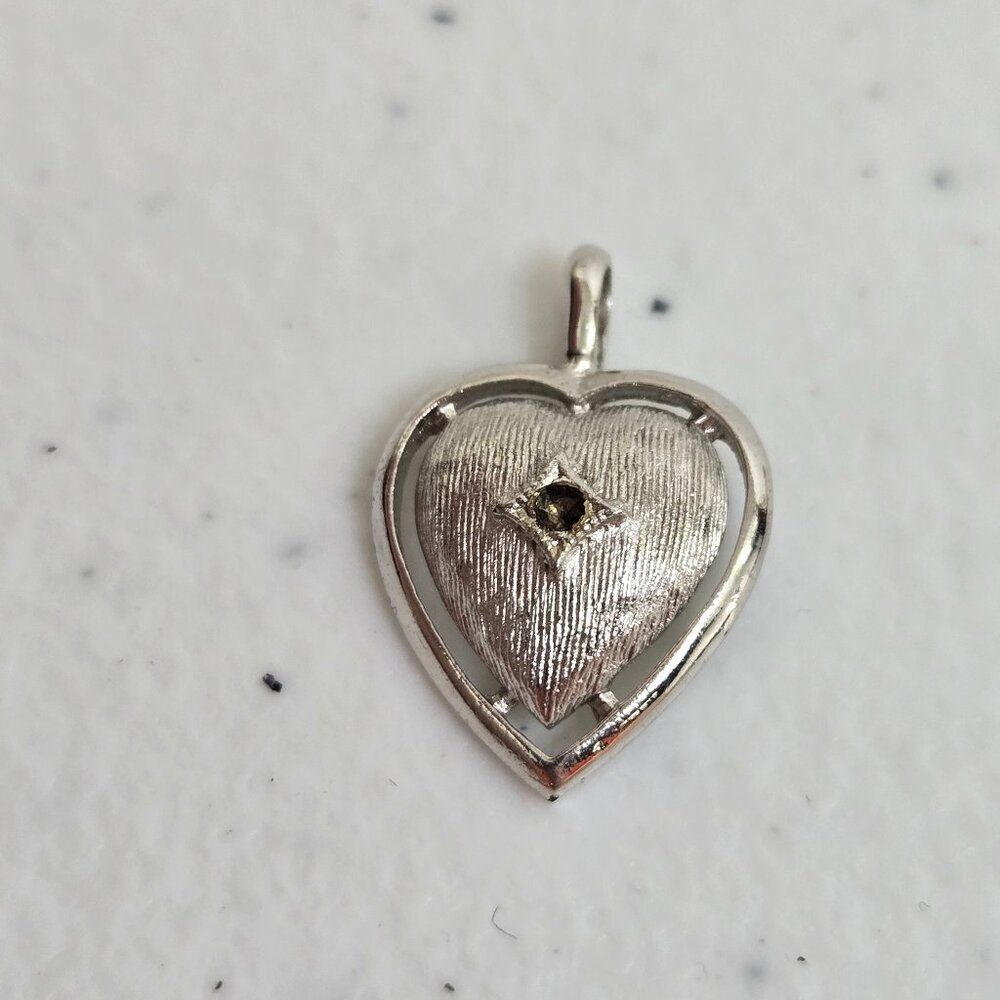 Weiss Heart Pendant Vintage Charm Silver Tone Matte Rhinestone Brown Small